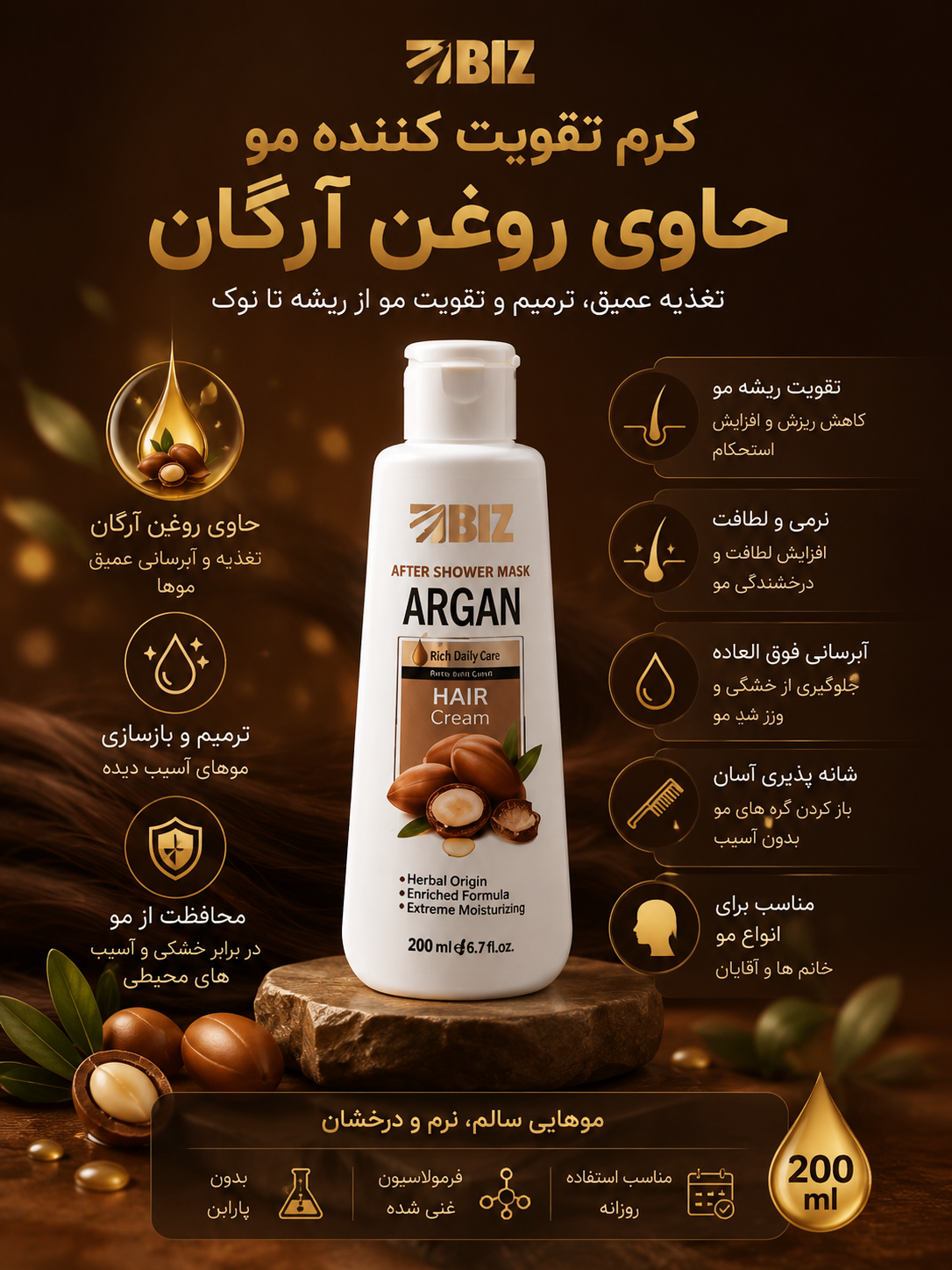 کرم تقویت‌کننده مو حاوی روغن آرگان ۲۰۰میلBIZ؛ مراقبت بعد از حمام برای موهای خشک و آسیب‌دیده