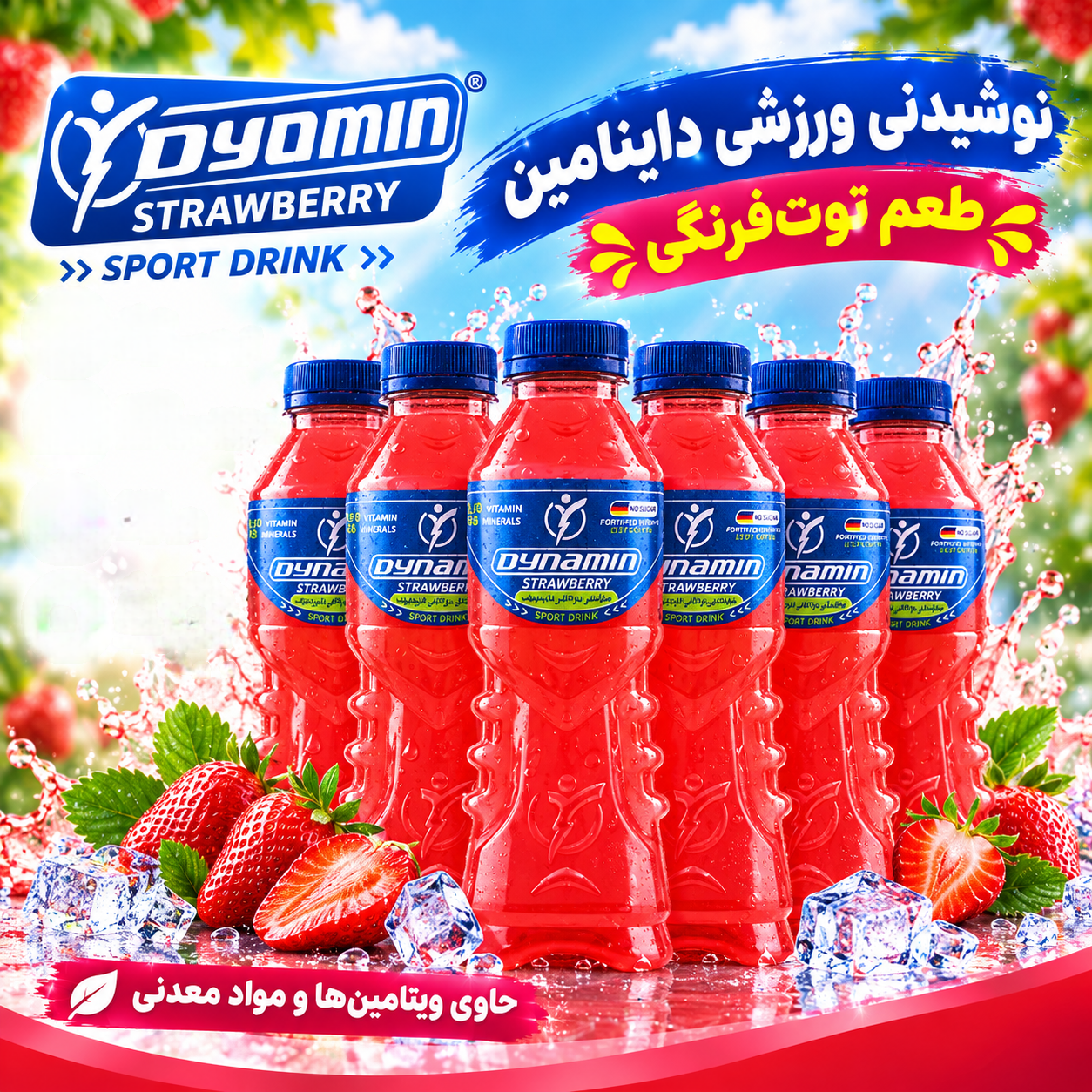 نوشیدنی ورزشی داینامین توت‌فرنگی باکس ۶ عددی؛ طعم دلپذیر و سرشار از ویتامین و املاح 🍓🥤